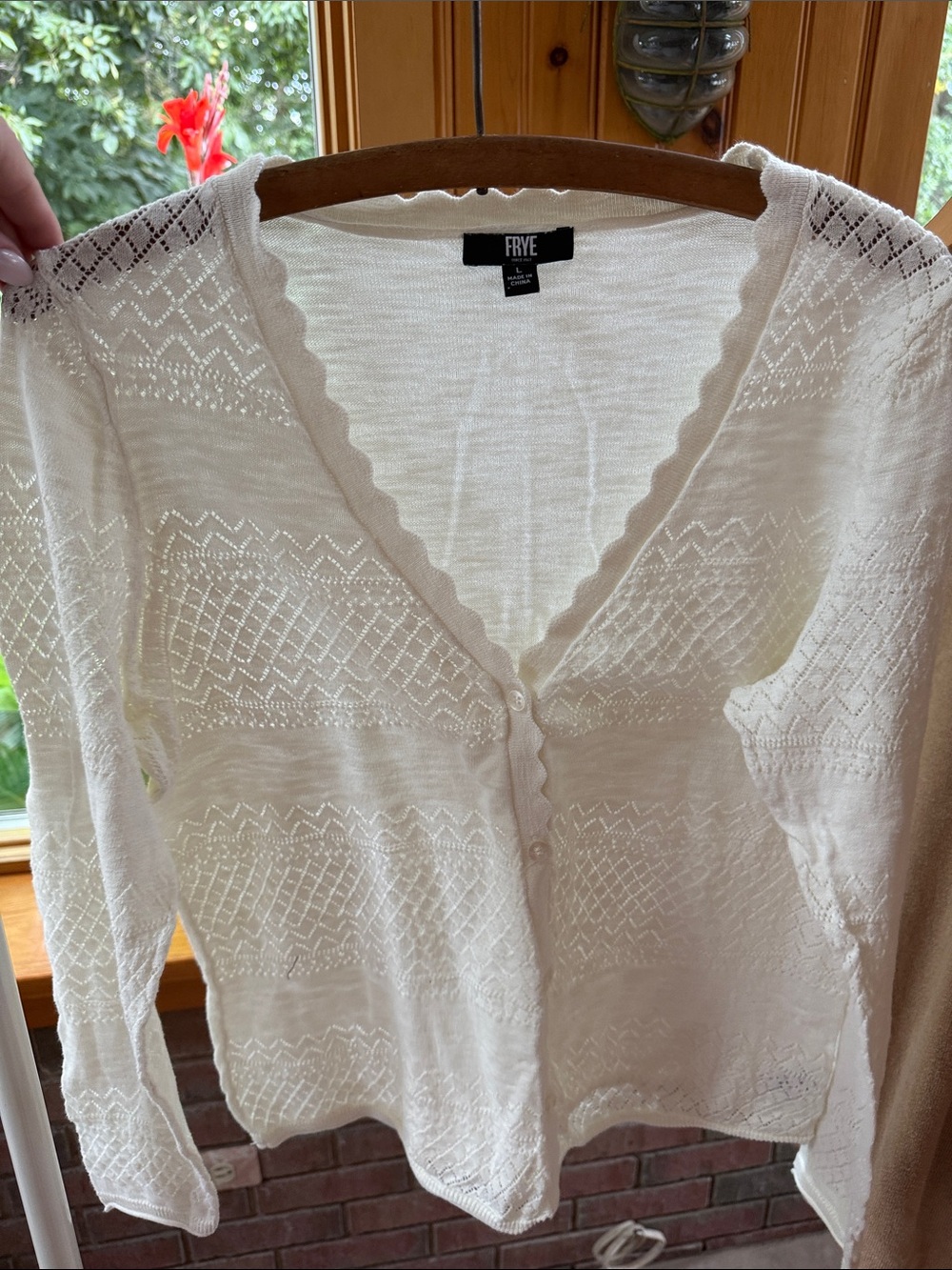 FRYE Cream Openwork Scalloped V-Neck Cardigan